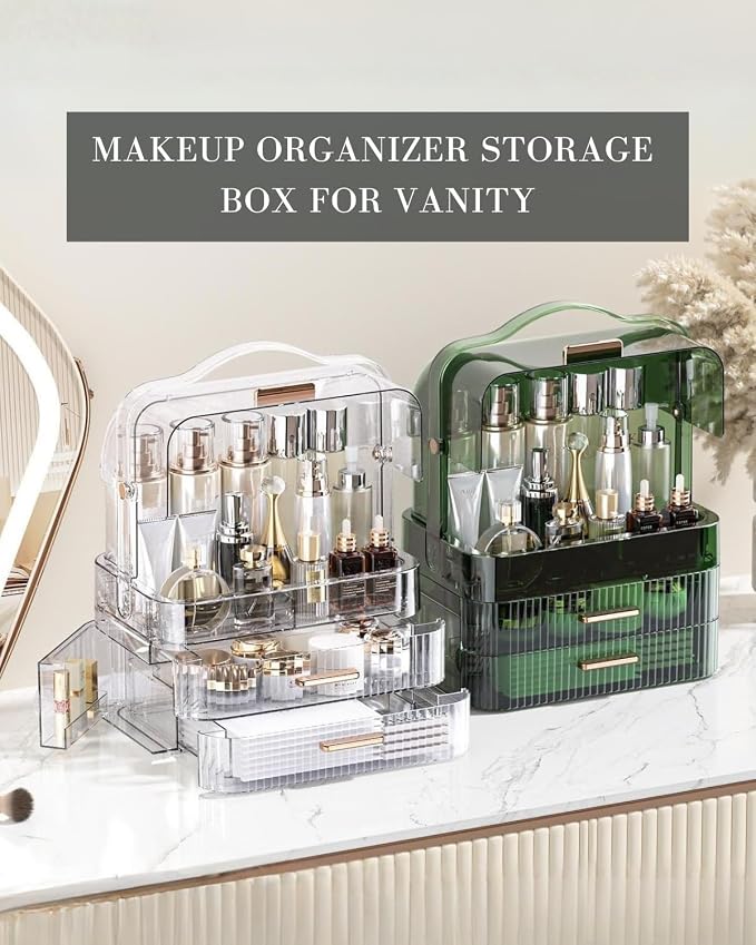 LINFIDITE Cosmetics Storage Box Transparent Lid Large Makeup Organizer Box Drawers Portable Handle Waterproof Dustproof Skincare Display Cases for Countertop, Bathroom, Dresser,Gift Clear Green