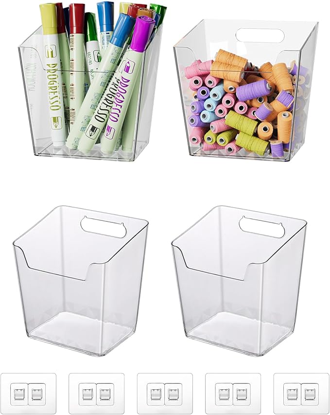 Clear Adhesive Wall Storage Bins, 4 Pack Cabinet Door Organizer Cups(Small) | Clear PET Hanging Wall Mount Pockets, Plastic Caddy for Shower Bathroom Makeup Office Craft Kitchen Sink RV Organization
