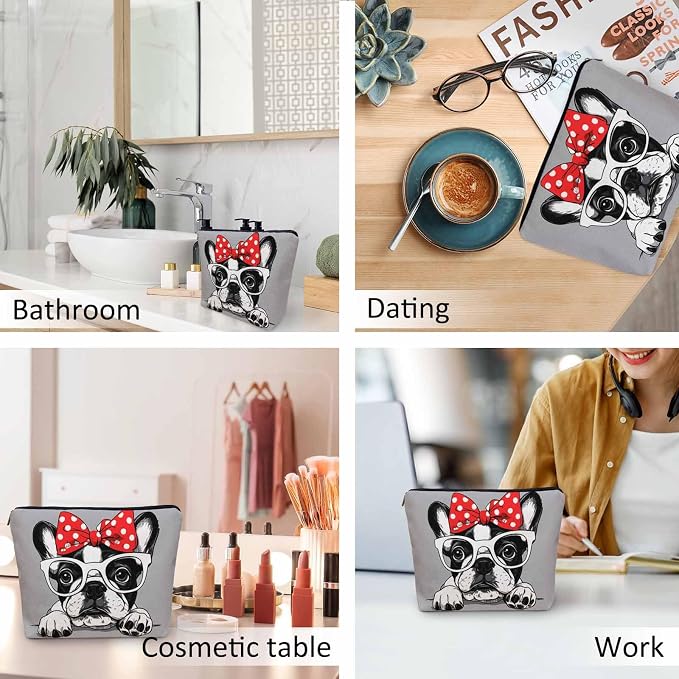 Makeup Bag French Bulldog Makeup Bags For Purse Pouch, Cute Puppy Bulldog Glasses Travel Toiletry Bag Cosmetic Bag Makeup Bags Flax Makeup Organizer Bag Pencil Pouch For Man Woman, Gray