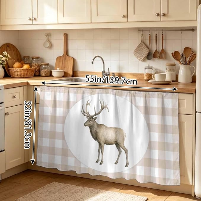 Majestic Buck Sink Skirt for Bathroom, Self-Adhesive Under Sink Curtain, Modern Natural Buck Rustic Farmhouse Plaid Hide Pipes & Storage Fabric Cabinet Skirt Cover for Kitchen Laundry 32"x55"
