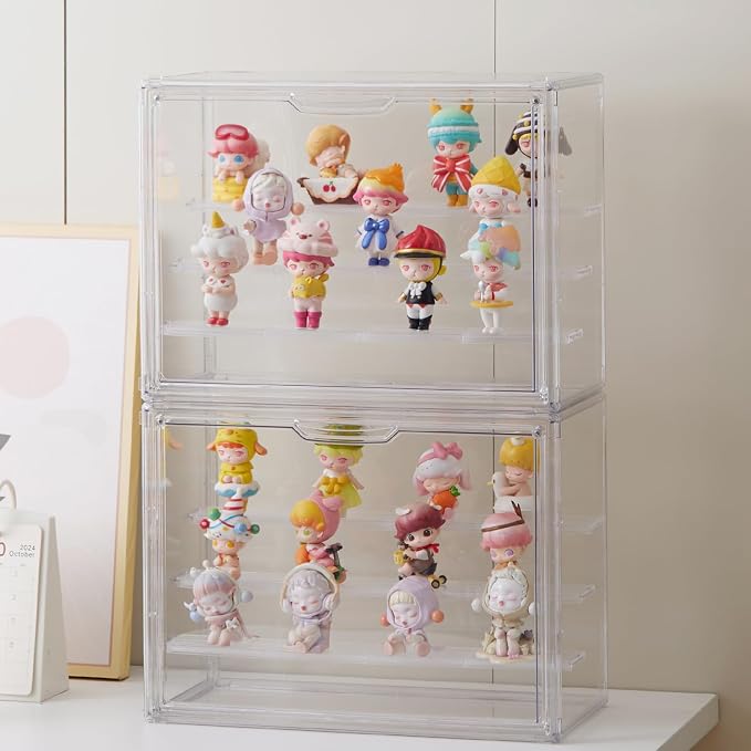 3 Tiers Clear Acrylic Display Case, Plastic Storage Bins with 2 Adjustable Divider and Magnetic Door,Stackable Display Box for Figures Showcase (XLarge -with 3 partition plate-1pack)