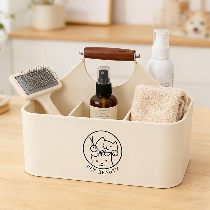 Premium Dog Cat Grooming Organizer 4-Compartment,Metal Caddy for Pet Stuff with Wooden Handle-Powder Coated Storage Bin for Dog Cat Grooming Kit, Nursing Supplies -Cream White