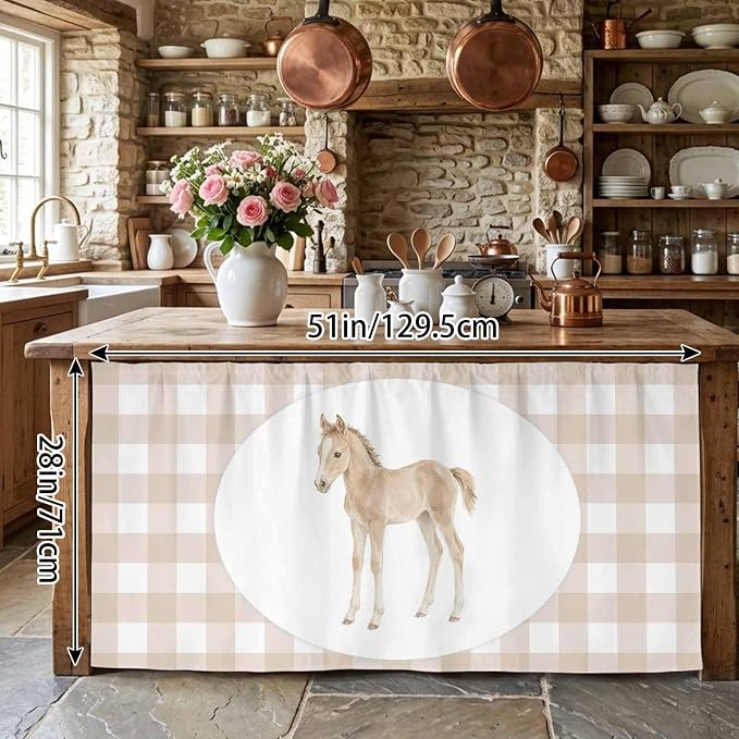 Graceful Pony Cabinet Curtains 28"x51" Sink Skirt for Bathroom Kitchen, Natural Horse Modern Farmhouse Plaid Rustic Self Stick Adhesive Under Desk Covers Tall Laundry Cabinet Storage Organizer