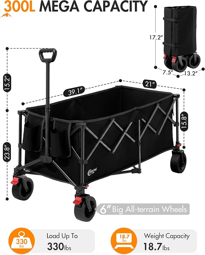 Portal Ultra Compact Folding Wagon Cart with Brakes, 300L Large Cart | Portable Outdoor Design; Durable Construction; Easy Setup & Storage; Color: Black