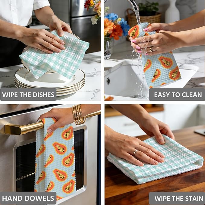 Papaya and Green Checkered Kitchen Towels, Quick Dry Multipurpose Waffle Weave Hand Towels for Bathroom, Absorbent Reusable Cloth Tea Dish Towels for Home Decor, Papaya Lover Gift Towel Set of 2