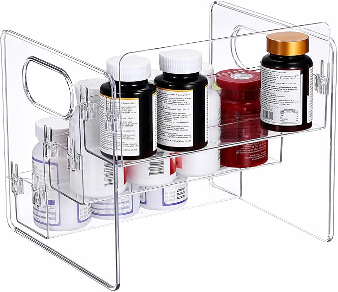 BSTKEY 3 Tier Vitamin Storage Organizer, Acrylic Organizer for Vitamin Bottles Medicine Bottle Prescription Bottles, Pill Bottle Organizer, Spice Rack Vanity Organizer for Cabinet Kitchen Countertop