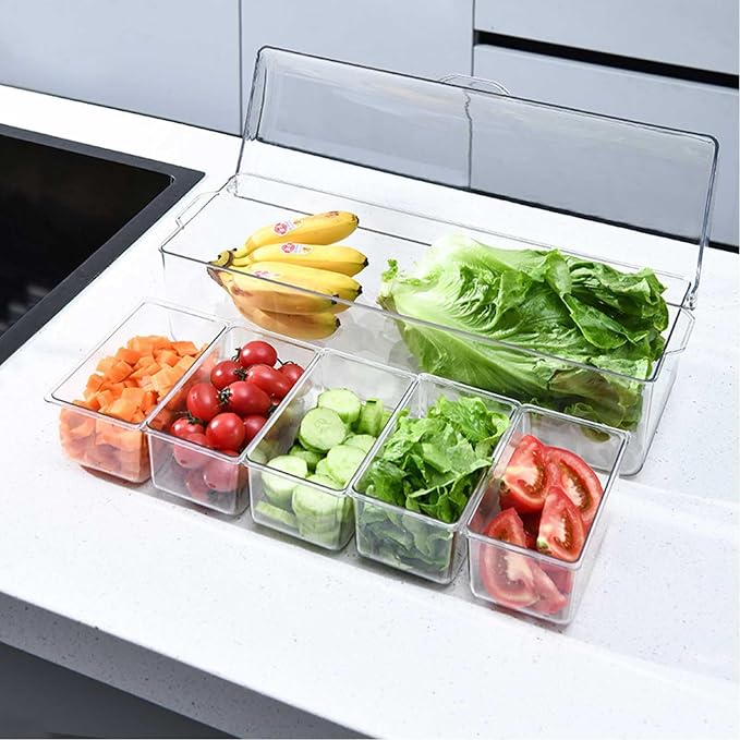 Large Ice Chilled Condiment Caddy,Chilled Condiment Containers Server with Lids for 5 Removable Compartments ,Serving Platters, Fruit & Garnish Tray for Party Supplies & Bar Accessories
