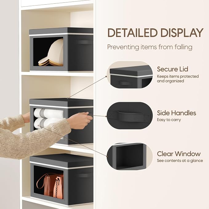 Storage Bins with Lids - Small Fabric Organizers with Window, Collapsible Storage Bins for Clothes, Decorative Closet Organizers for Towels, Tshirt, 4 Pack, Dark Grey