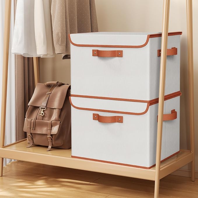 Univivi Fabric Storage Bins with Lid, Stackable Storage Box, Beige, 3 PCS | Heavy Duty, Large Capacity, Leather Handle, Oxford Fabric, Sturdy PP Board, Storage Bins for Bedroom, Closet, Nursery, Office