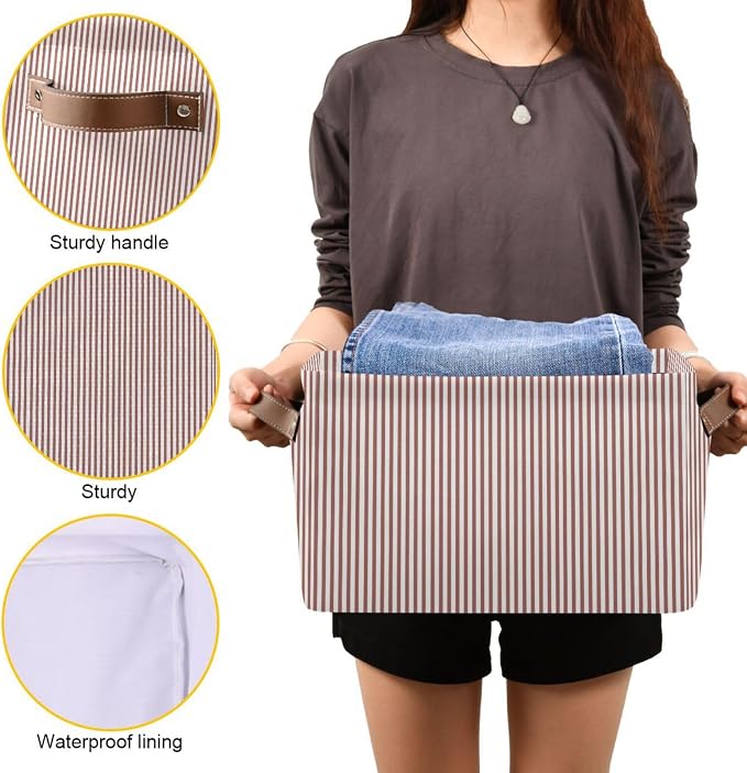 Brick Red White Stripes Storage Basket with Handles Collapsible Canvas Storage Bin Toy Decorative Basket Closet Organizer for Nursery Bedroom Home