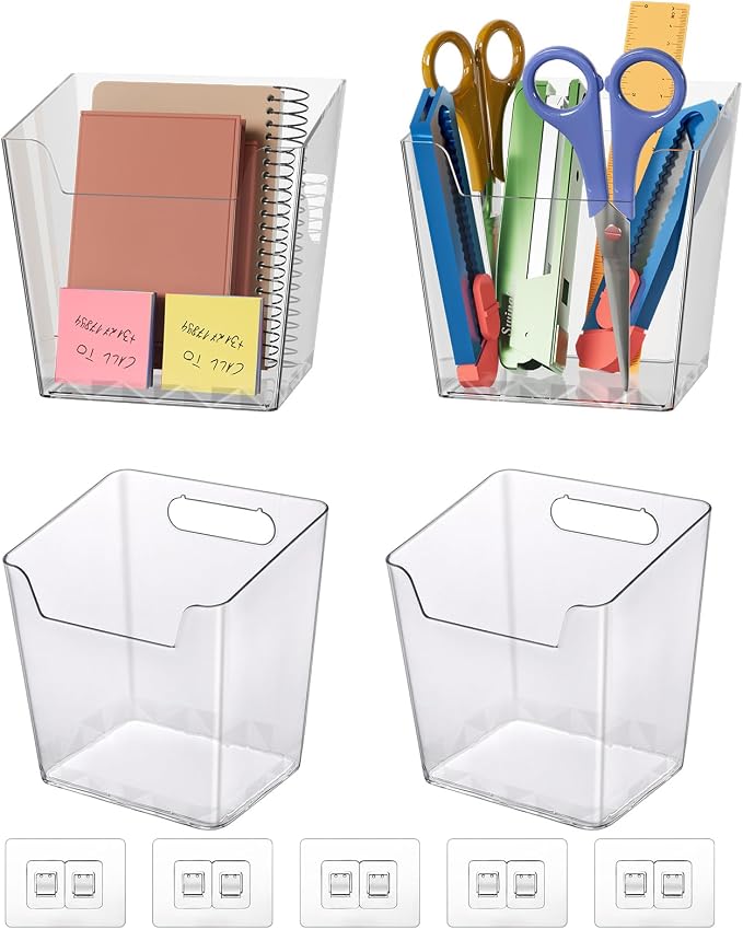 Clear Adhesive Wall Storage Bins 4-Pack Cabinet Door Organizer Cups(Medium) | Clear PET Hanging Wall Mount Pockets, Plastic Caddy for Shower Bathroom Makeup Office Craft Kitchen Sink RV Organization
