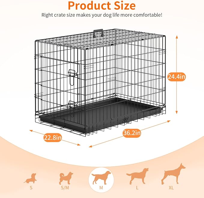 FDW Dog Crate 36-Inch Dog Cage Single Door Foldable Metal Kennel with Leakproof Tray Foldable Design Indoor Outdoor Use for Medium Dogs,Dark Black