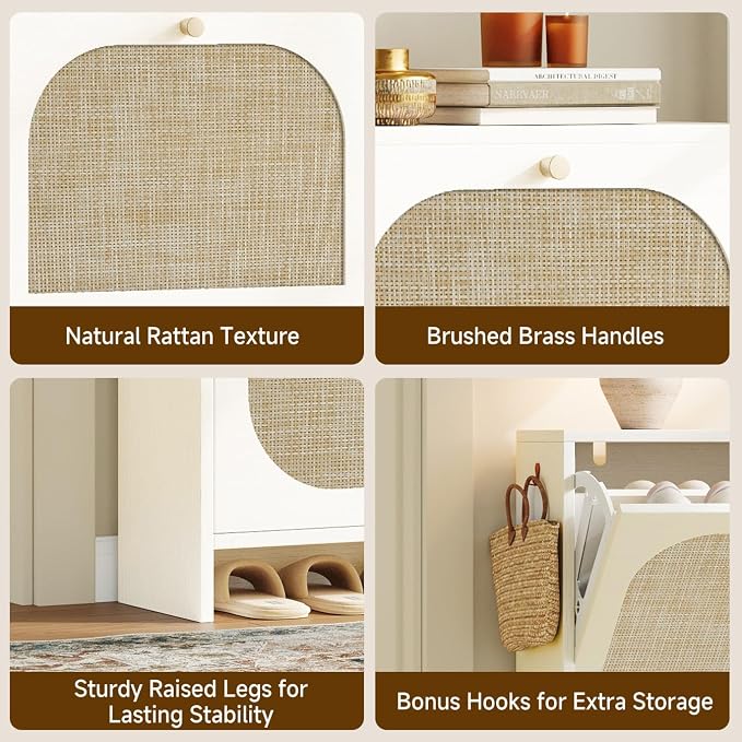 Freestanding Ultra Slim Arched Rattan Accent Shoe Storage Cabinet for Entryway - 4 Flip Drawers & 3-Tier Adjustable Shelves, Farmhouse Modern Rustic Shoe Rack for Hallway Foyer,Cloud White
