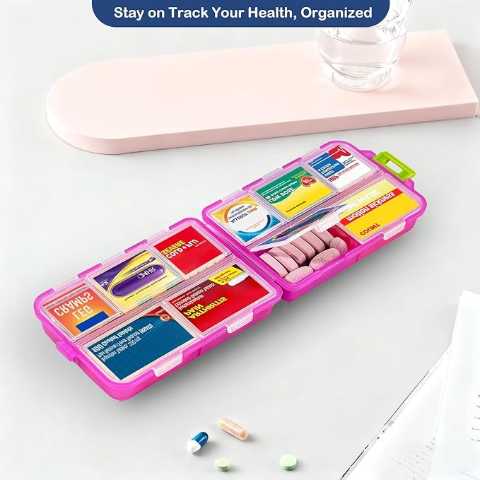 3 Pack Extra Large Pill Organizers with Medicine Labels, Pink White Grey | Includes 3 extra large cases with 3x161 labels and 10 compartments each for 7-day planning and travel