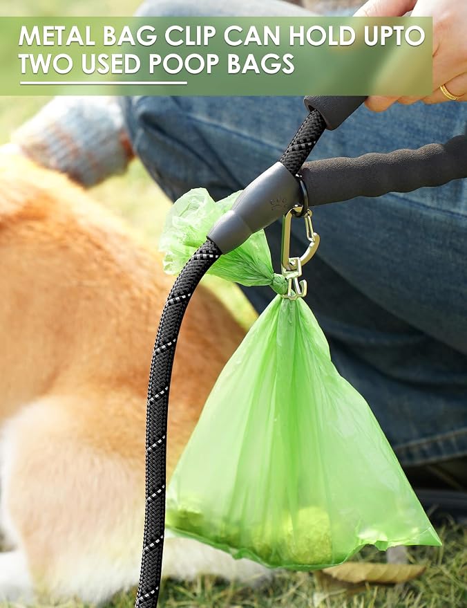 Gobeigo Dog Poop Bag Holder with Used Bag Carrier(Black) | Large Opening for Easy Dispensing, Carabiner & Hook-and-Loop Strap Fits Any Leash, Includes 15 Unscented Waste Bags