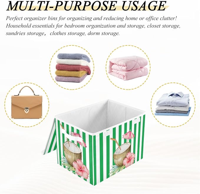 Summer Coconut Fabric Storage Bins with Lid Closet Storage Basket 40L | Foldable & Stackable, Flip Top Dust Guard, Reinforced Handles, Home & Bedroom, Clothes & Toys, Hawaii Print Basket