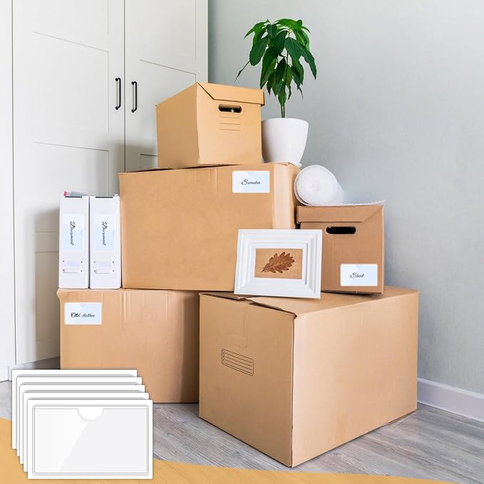 100 Packs Adhesive Label Storage Bin Pockets Clear Plastic Index Card Pockets Sleeves Adhesive Pouches Card Holders with Top Opening for Storage Bins, Library, Office (3.7 x 2.28'')