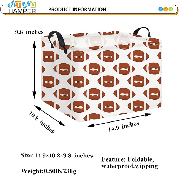 NTAOHAMPER Rectangular Football Storage Basket Empty,Collapsible Gift Basket with Handles,Toys/Books Box,Room Decor(American Football)