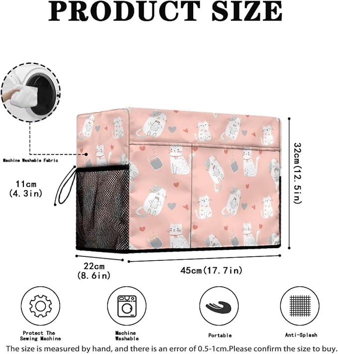 Cute Cat PrintSewing Machine Cover with Storage Pockets,Dust & Pet Hair Protection,Fits Standard Singer, Brother and Janome Machines, Protecting & Decorating Your Sewing Space (Pink)