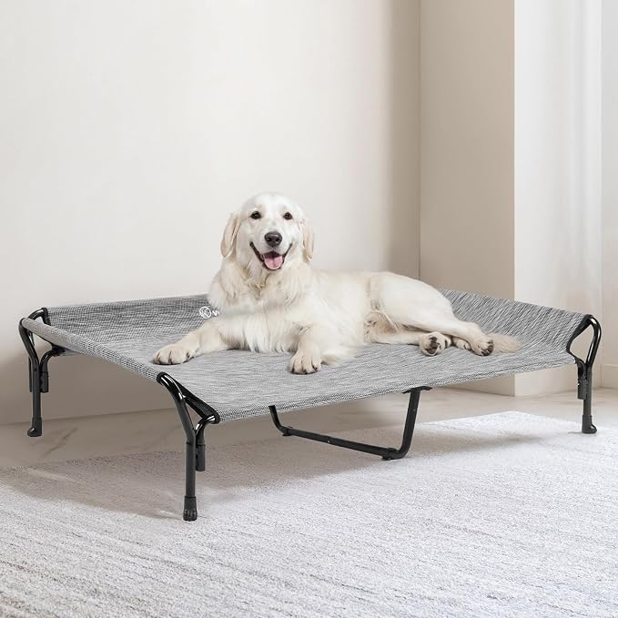 Veehoo Cooling Elevated Dog Bed, Raised Dog Cot with Guardrail & Headrest | Washable Dog Couch Bed for Indoor & Outdoor, Durable Breathable Teslin Mesh, Non-Slip Feet, 51" x 34", XLarge, Black Silver