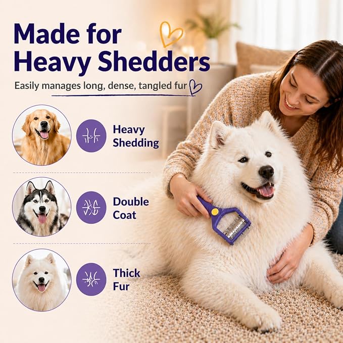 Dog Dematting Comb for Matted Hair, 9+17 Teeth 2-Step Detangler, Stainless Steel Undercoat Rake with Flea Comb, 3-in-1 Grooming Tool for Long-Haired Dogs