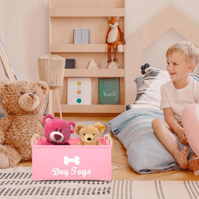 Felt Pet Toy Storage Box with Wooden Handles Lightweight Portable Organizer Bin for Household Pet Toys and Sundries 15.35X11.02X6.69 Inch Foldable Storage Container