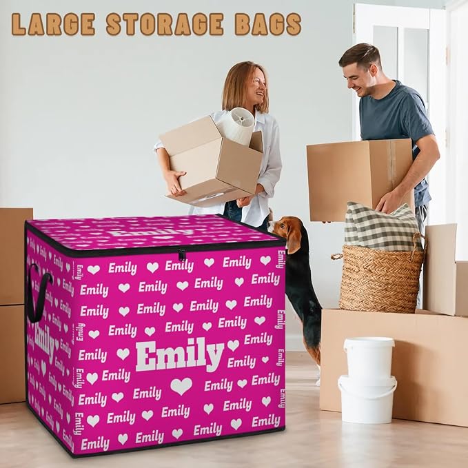 Custom Storage Baskets Cubes for Home with Name, Rosy Pink Background Love Hearts Large Foldable Organizer Collapsible Storage Bins for Home Blanket Comforters Clothes Closet Nursery
