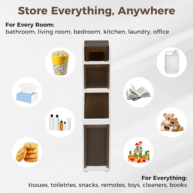 Slim Bathroom Storage Cabinet with Trash Can, Narrow Movable Waterproof Bathroom Floor Cabinet with Toilet Paper Holder for Bathrooms Toilet (15.1 * 6.9 * 31.5in)