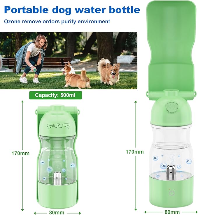 Amerisun Portable Dog Water Bottle with Ozone Purification - Active Oxygen Puppy Water Bowl & Dispenser for Travel, Improves Taste and Boosts Immunity for Pet Health Care Water Bottle (Green)