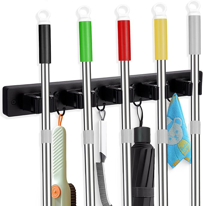 FunCee Broom Holder Wall Mount With 5 Slots & 4 Hooks,Rustic Wood Broom & Mop Hanger,Wall Mounted Garden & Garage Tool Storage Organizer Rack for Closet Laundry Room or Kitchen Wall Decor Black