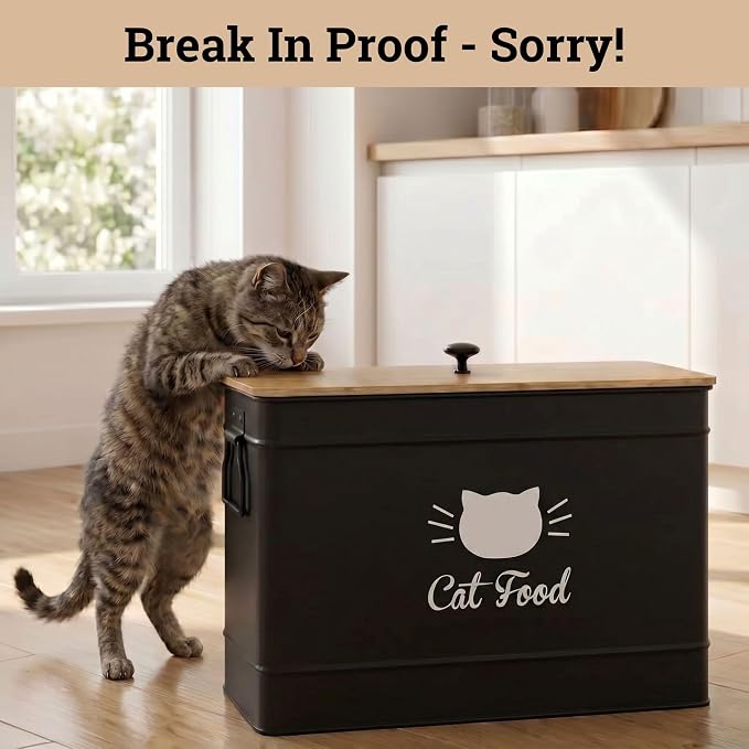 Metal Cat Food Container with Scoop, 15lb (50 Cup) w/ Airtight Bamboo Lid | 15 lb / 50 Cup Capacity, 1 Cup Metal Scoop, Durable Powder Coated Iron Body, Rubber Lined Bamboo Lid, Sturdy Metal Handles