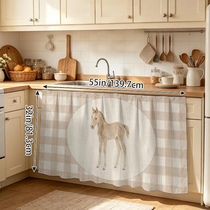 Graceful Pony Sink Skirt for Bathroom, Self-Adhesive Under Sink Curtain, Retro Natural Horse Farmhouse Plaid Rustic Hide Pipes & Storage Fabric Cabinet Skirt Cover for Kitchen Laundry 32"x55"