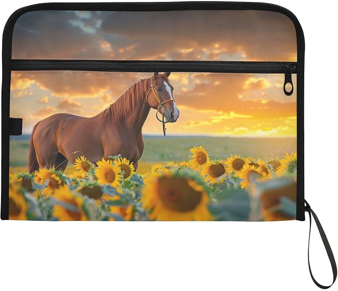 13 Pocket Zipper Expanding File Folder A4 Sunflower Horse | Accordion File Organizer with Front Pouch A4 Letter Size Portable Folders for Documents Receipt School Office Supplies