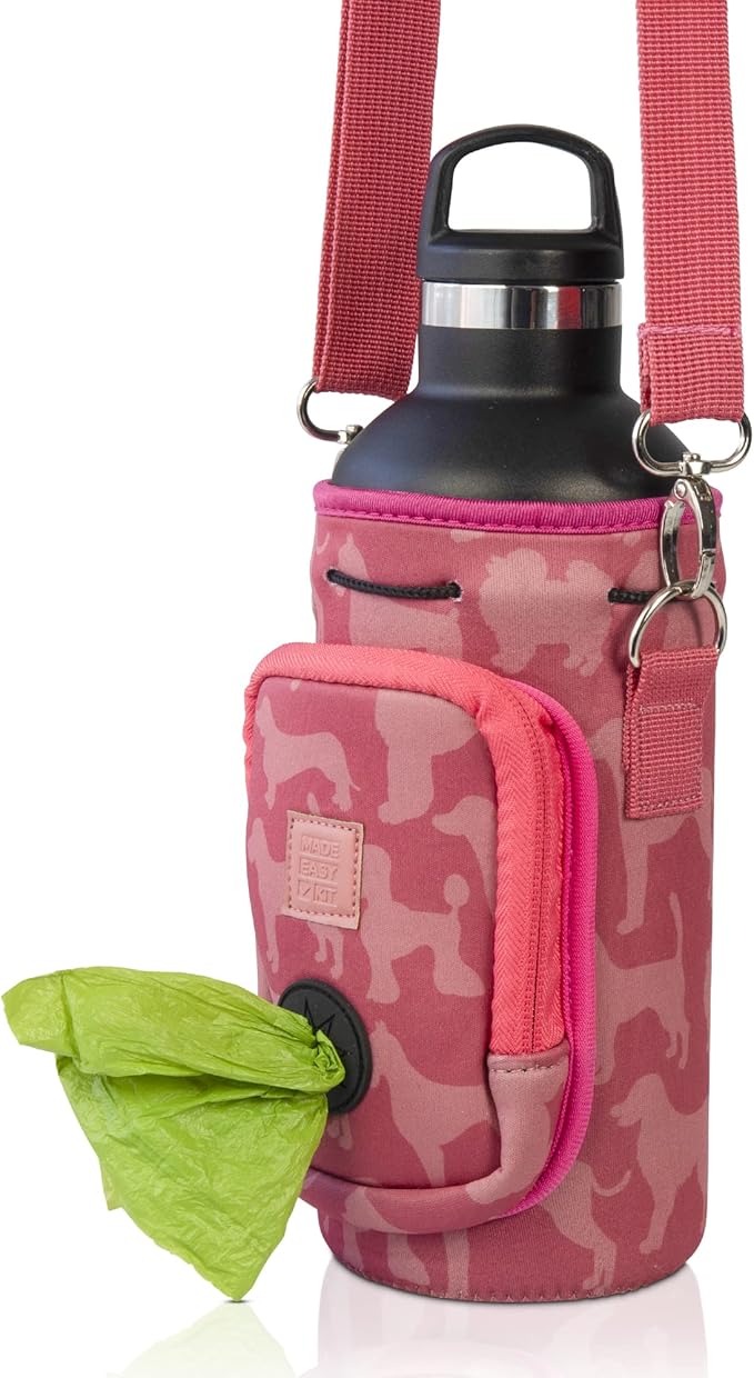 Made Easy Kit Water Bottle Carrier with Pocket for Dog Poop Waste Bags and Adjustable Padded Shoulder Strap (Large (32oz) with Bowl, Pink, Dog Silhouettes)