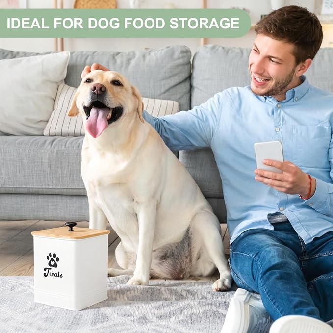 Dog Treat Container Airtight, 5.7" W x 6.7" H Iron Pet Treat Jar with Bamboo Lid, 12 Cup Food Storage Canister for Kitchen Counter, Decorative Pet Cookie Jar for Dog Snacks Kibble,White