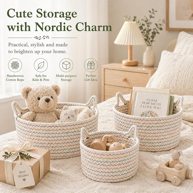 Small Woven Baskets | Mini Storage Bins | Cotton Rope Baby Nursery Organizers | Cute Round Cat Ears Basket for Organizing Desk Decor Kids Toy Dog Cat Baby Girls Gift-Set of 3 (White mixed Colors)