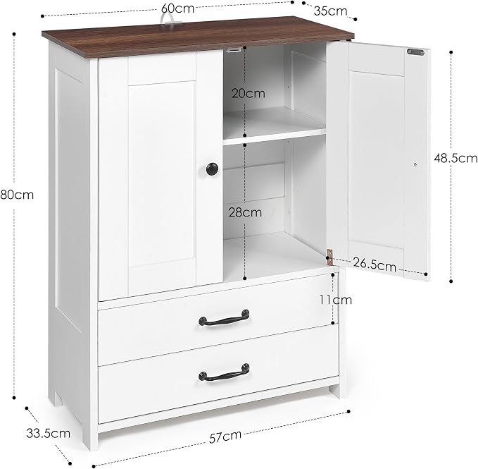 Dog Feeding Station with Double Door Cabinet, Adjustable Dog Bowls for Small Medium Large Dogs, Pet Food Storage Cabinet with 3 Side Hooks for Leashes and Collars, White