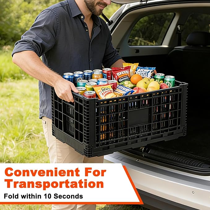 72L Collapsible Milk Crate with Handles, | Large Plastic Crate, Heavy Duty Folding Storage Crates for Home Organizing, Tools, Books, Camping & Transport