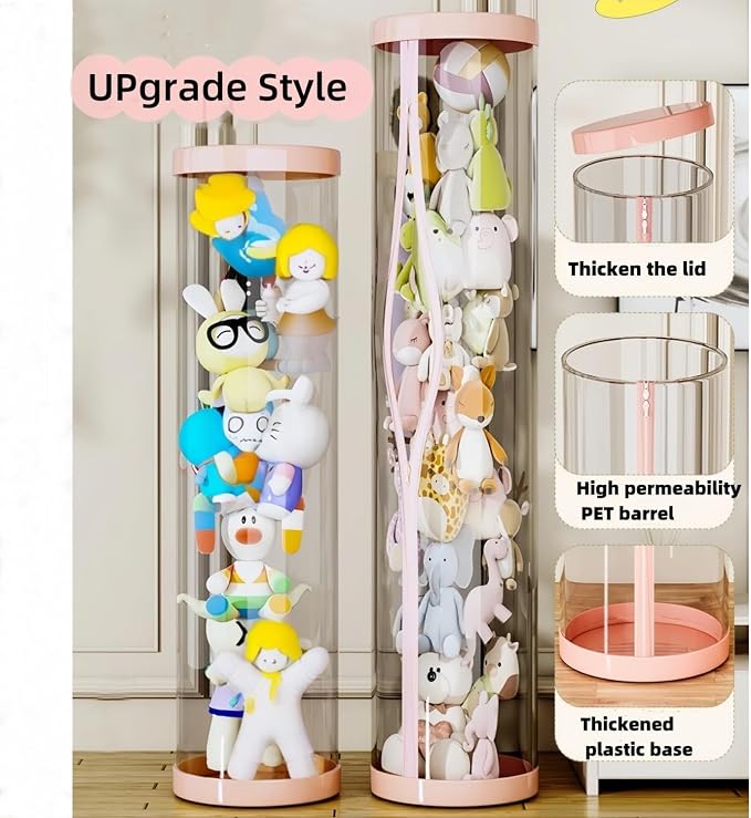 Stuff Animal Organizer,Stuffed Animal Zoo Storage,Stuffed Animal Storage Tube, PET Transparent Bucket with Zipper for Kids Toy Organizer Toy Storage Box with Lid (White)