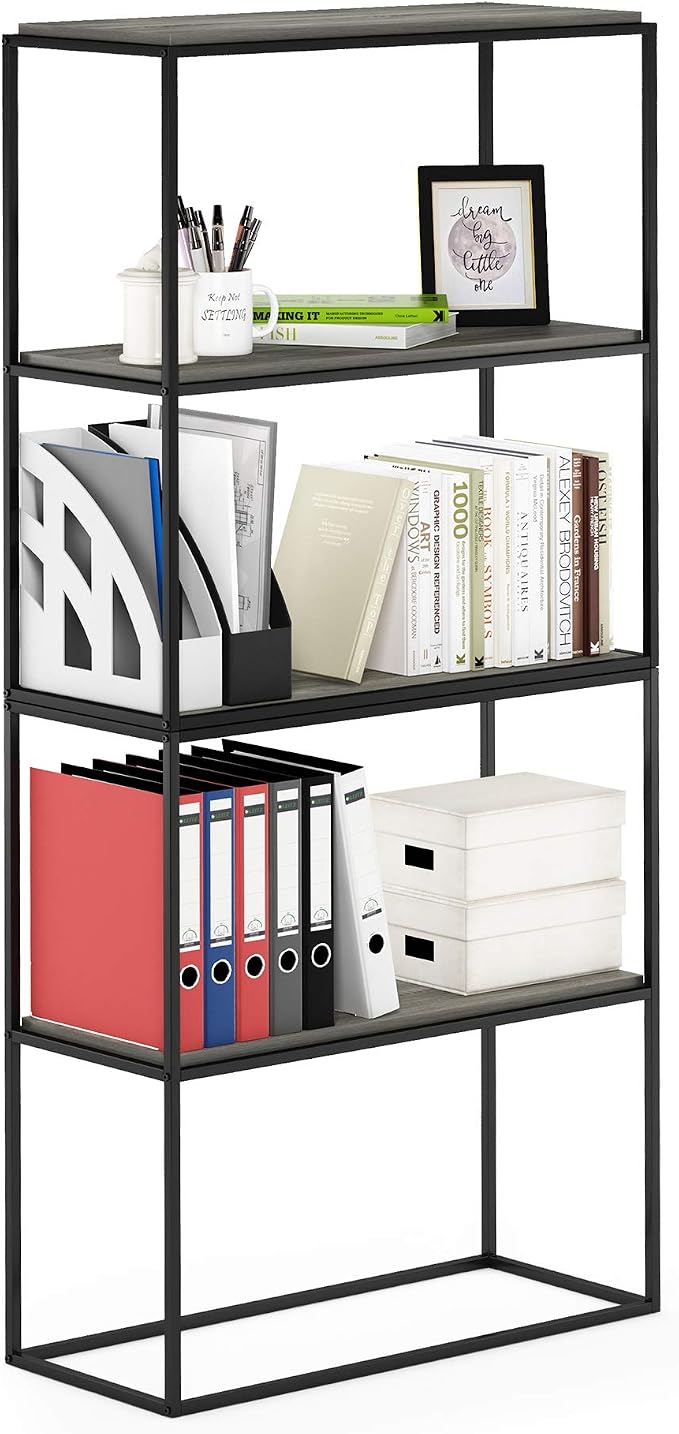 Furinno Moretti 2-Tier Metal Frame Storage Shelves, French Oak Grey | Easy Assembly, Stackable, Rectangular, Book Shelf, Display Shelf, for Organization, Living Room, Garage, Home Office