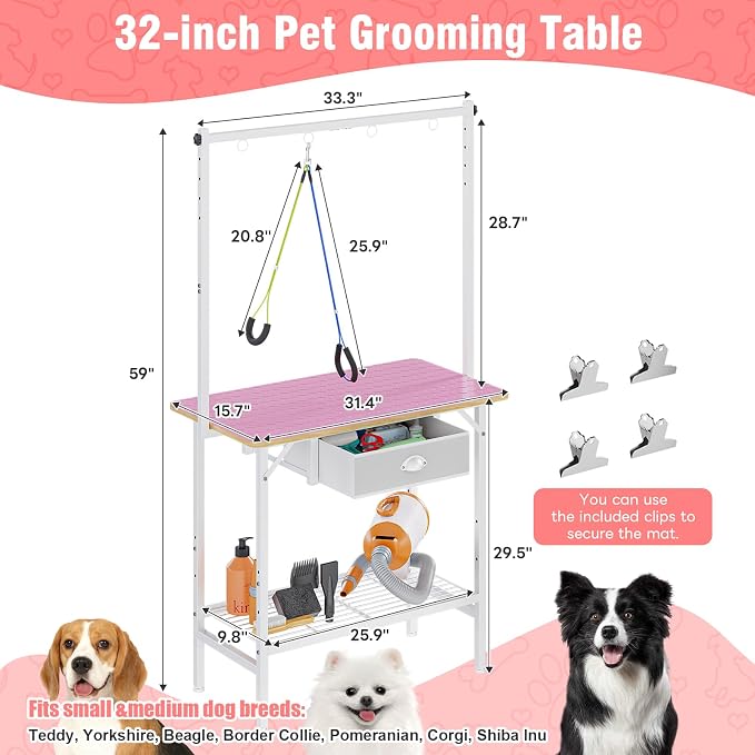 32-Inch Adjustable Dog Grooming Table with Drawer & Mesh Tray, Pet Grooming Table with Non-Slip Removable Washable Mat & EVA Protective Lanyard, Professional Grooming Table for Small Dog at Home(Pink