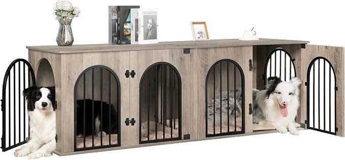 Hzuaneri 70.9" Double Dog Crate Furniture, Dog Kennel Indoor with Cushion | Heavy Duty Dog Crate Furniture for 2 Dogs,Dog Cage End Table TV Stand with Divider for Med-Large Dogs,Greige Black DFC81905B