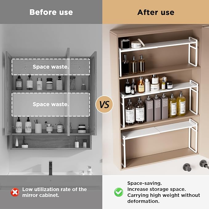Expandable Medicine Cabinet Organizer, White | Heavy-Duty, Metal, Adjustable Shelf Trays, For Bathroom, Kitchen, Narrow Spaces, Space-Saving Storage Solution