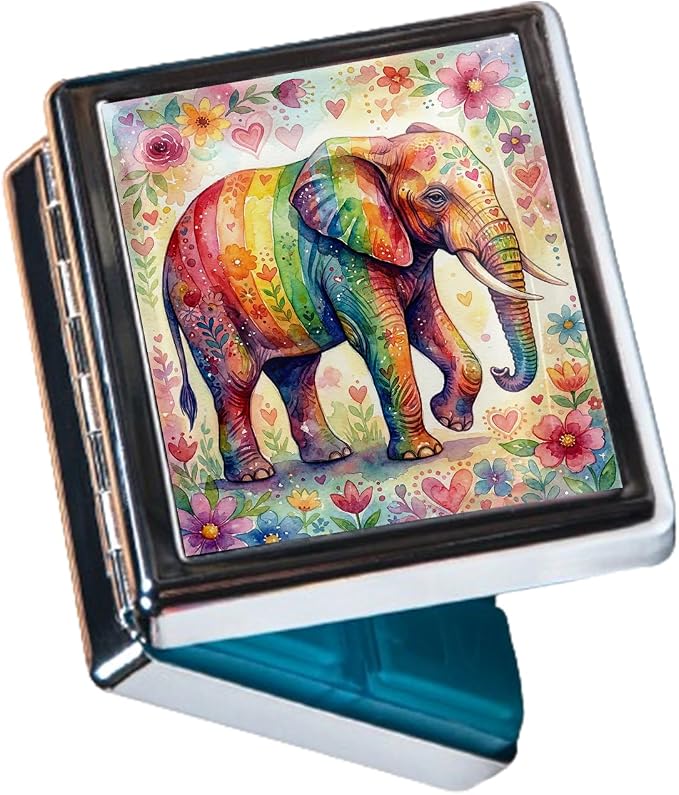 Weekly Pill Organizer, Metal Pill Box with 8 Compartments, Small Travel Pill Case for Purse Pocket, Medicine Vitamin Supplement Organizer (Rainbow Elephant)