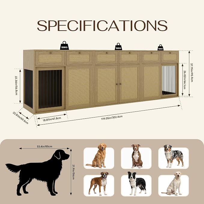 PureCozy 3-Piece Double Dog Crate Furniture, 120 Inch, Light Oak | Left and right kennels for 2 dogs plus center cane storage cabinet; metal sliding doors and 6 total drawers.
