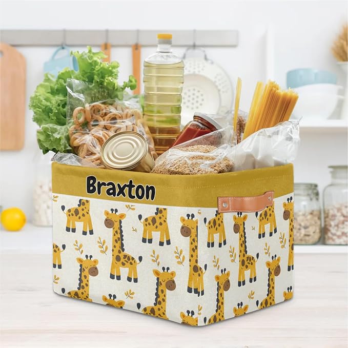 Custom Storage Baskets Name, Personalized Storage Bins Basket Boxes PU Leather Handles for Clothes Bedroom Closet Organizing Toys Books Shelves, Cartoon Giraffes Autumn Yellow Leaves
