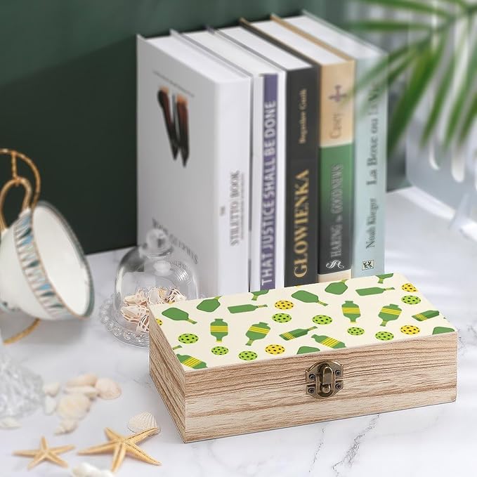 Wooden Keepsake Gift Box with Hinged Lid Small Jewelry Organizer | Pickleball Sports Green Memory Storage Decorative Boxes, for Photos, Letters