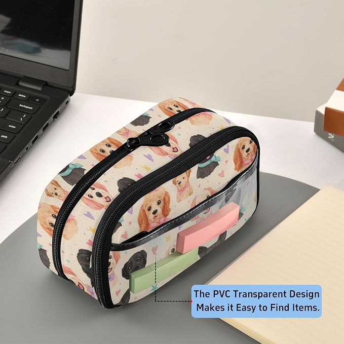 SUABO Pet Dog Love Stars Pencil Case Large Pen Stationery Bag | Pencil Pouch Stationery Organizer with Compartments, Transparent PVC Layer, School Office Supplies for Kids Adults