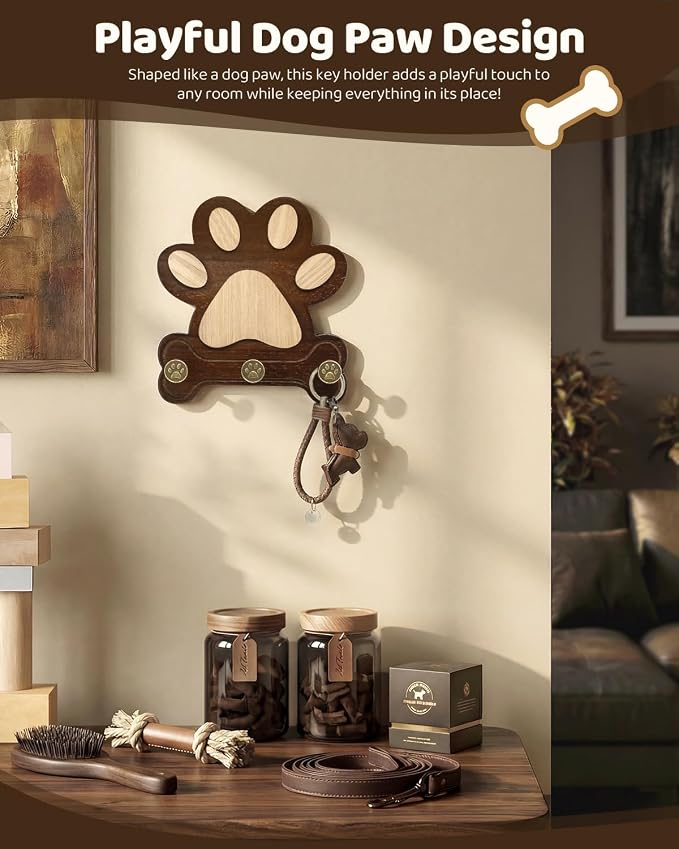 MTERSN Acacia Wood Dog Leash Holder for Wall with 3 Key Hooks, Dark Brown | Acacia Wood, Unique Dog Paw Shape, 3D Wall Hooks for Sunglasses, Cute Dog-Themed Key Rack, Wall Organizer for Home Decor
