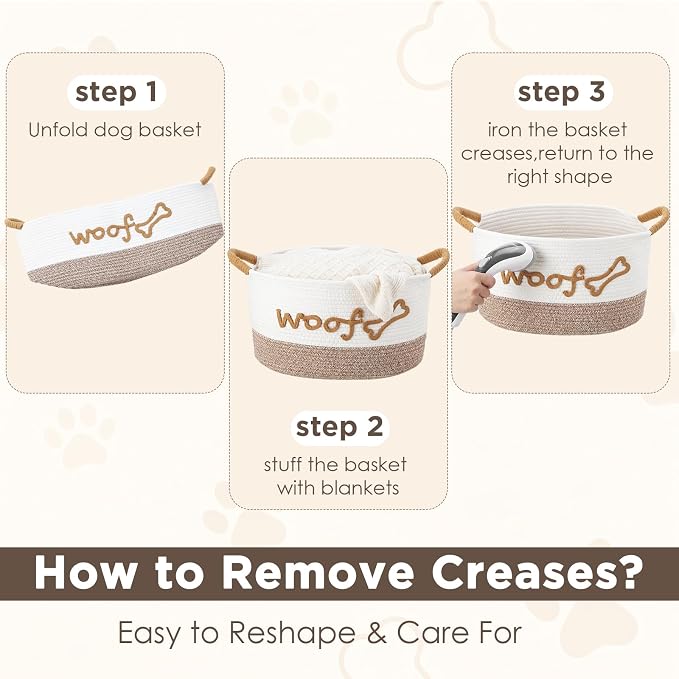 Zhehao Dog Woven Toy Basket with Handles, 15 x 11 x 9 in, White Flaxen | Cotton Rope Dog Toy Storage Bin, Pet Basket with Woof Bone Embroidery, for Puppy Bone & Blankets